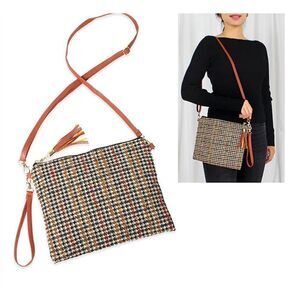 NWT Glen check woven fabric cross body bag and wristlet strap.